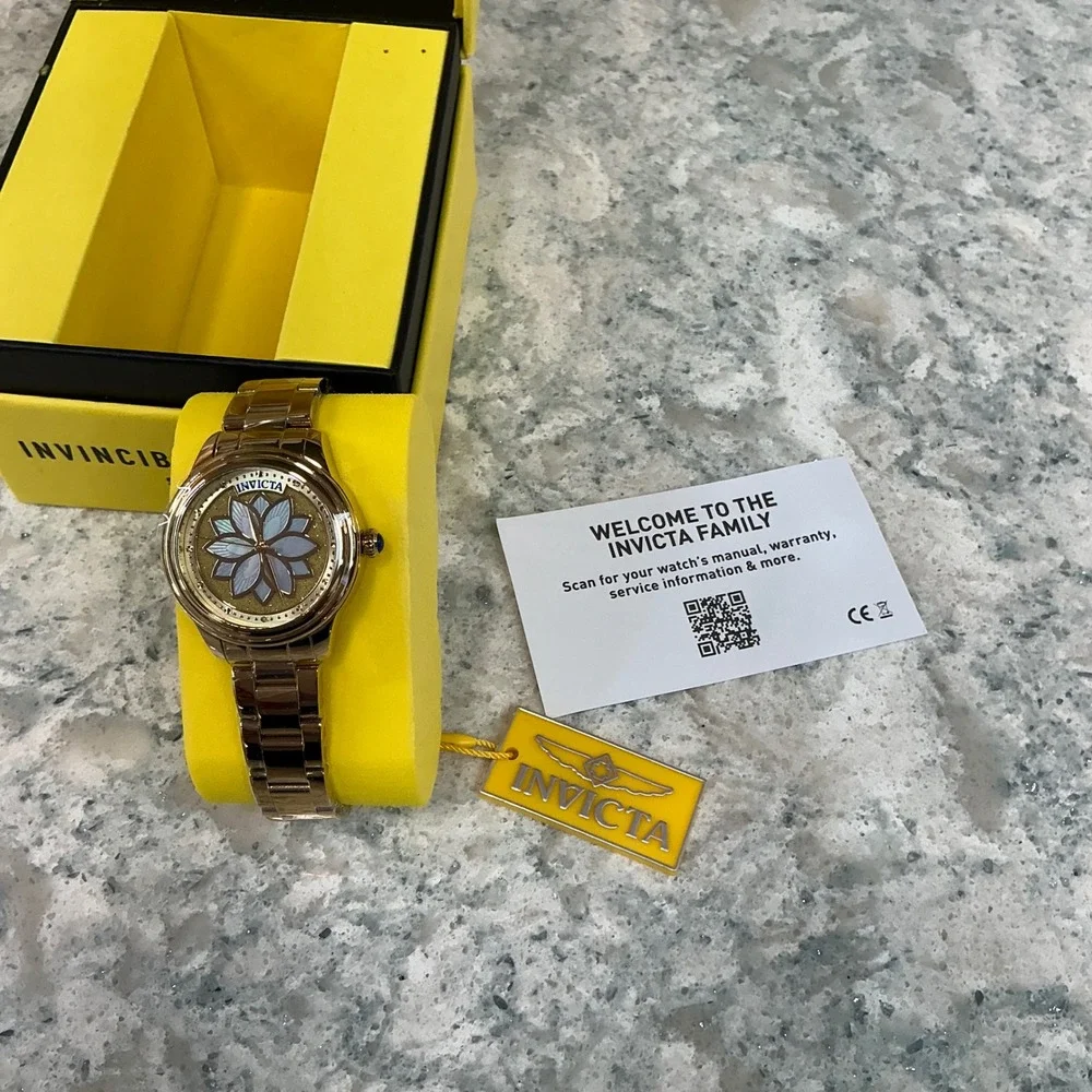 Invicta Watch Angel 37085 OS Gold Blue Floral Mother of Pearl Stainless Steel